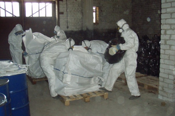Packing of obsolete pesticides in Petrozavodsk, Russia. Photograph: Nina Mäntylä/Ekokem Oy